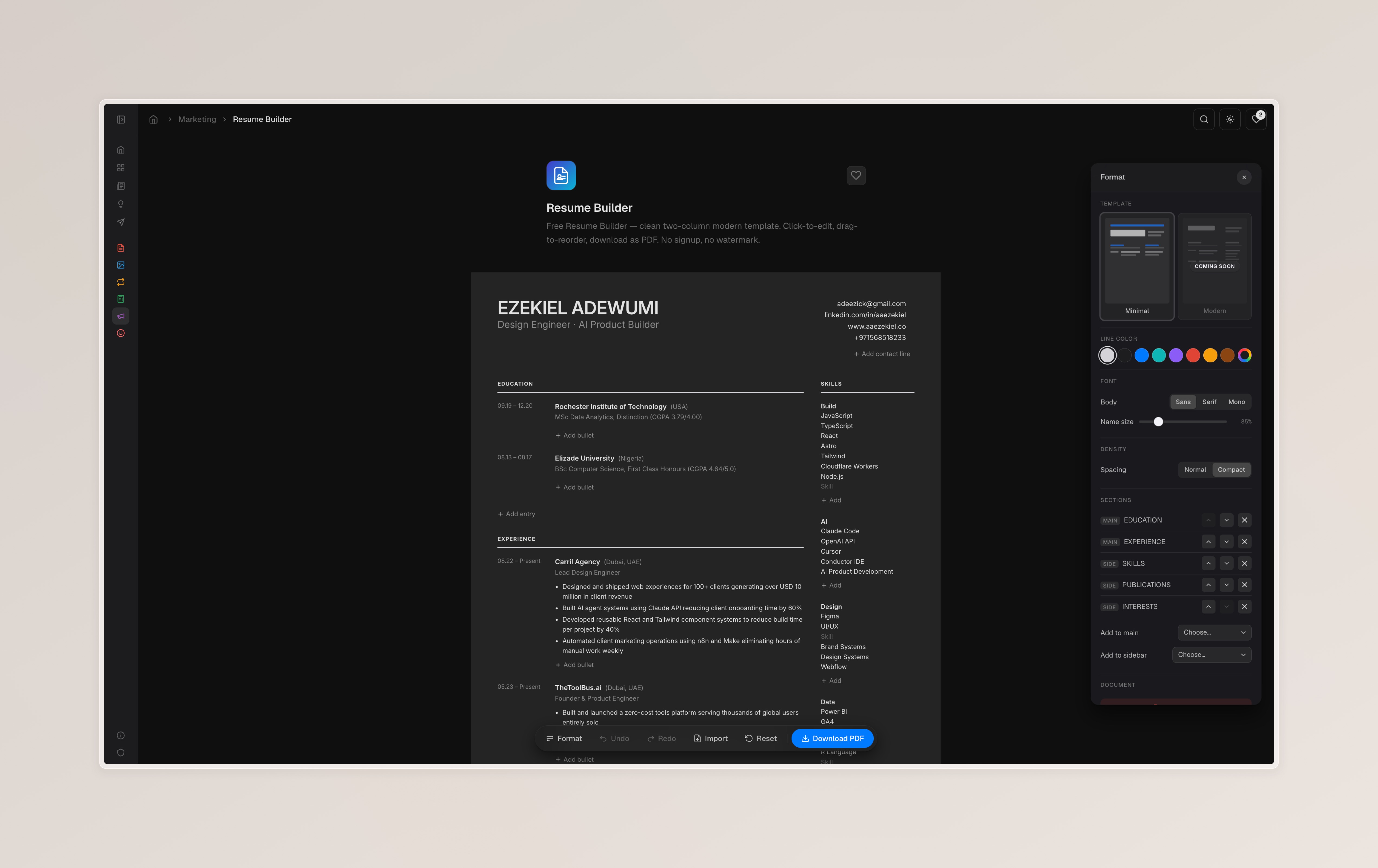 Resume Builder canvas with format inspector