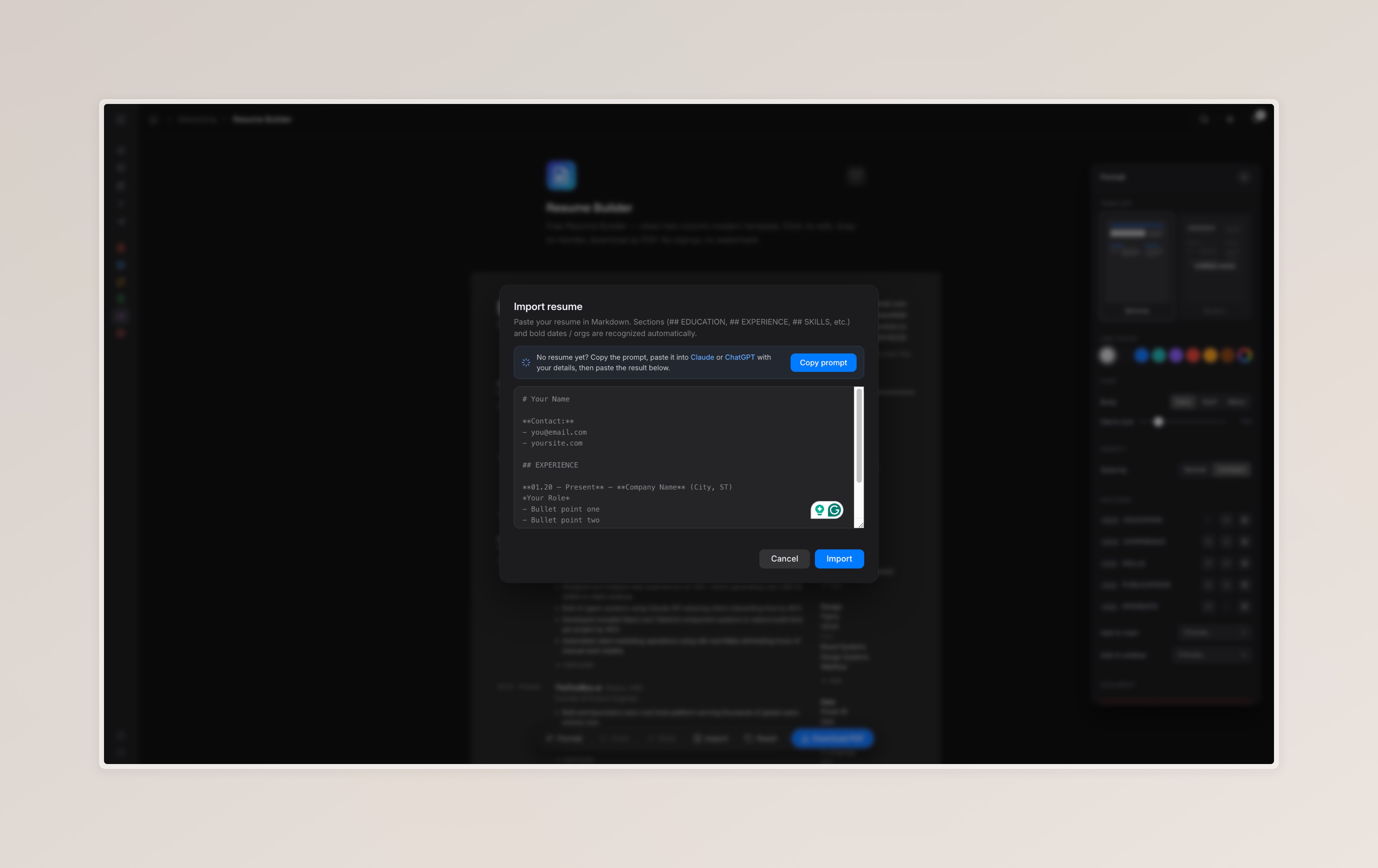 Resume Builder AI import dialog with copy-prompt button